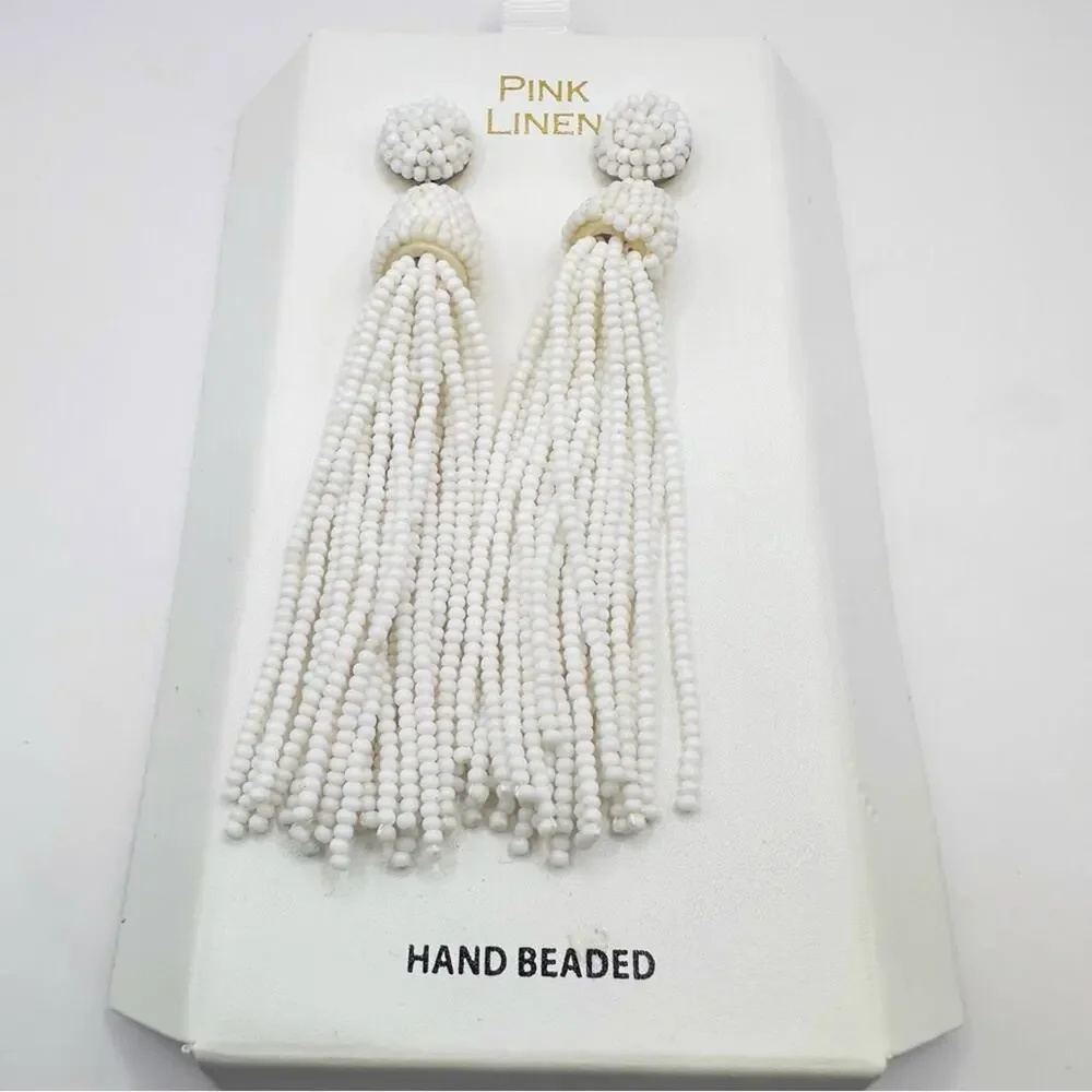 Pink Linen White Tassel Earrings NWT Seed Beads Dangle Jewelry Hand Beaded - Picture 16 of 16